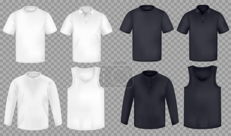 Sous-vêtements réalistes pour hommes sertis de t-shirts blancs et noirs vierges vue de face isolé sur fond transparent illustration vectorielle