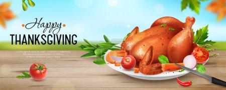 Feliz día de acción de gracias cartel horizontal realista con pavo frito o pollo con guarnición en la ilustración vector plato