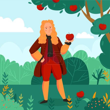 Illustration for Great scientist isaac newton holding apple in garden flat vector illustration - Royalty Free Image