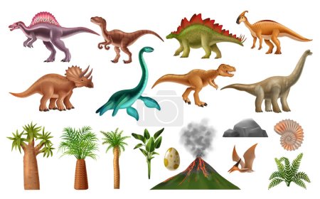 Dinosaurierarten und jurassische Periode Landschaftselemente realistisch gesetzt isolierte Vektorillustration