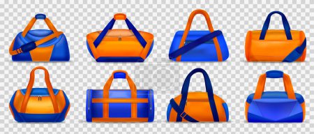 Téléchargez les illustrations : Ensemble réaliste de sacs de sport élégants orange vif et bleu isolé sur fond transparent illustration vectorielle - en licence libre de droit