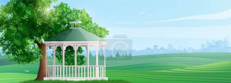 Illustration for Summer landscape in flat style with view of green valley and wooden gazebo under tree and silhouettes of forest and houses in background vector illustration - Royalty Free Image