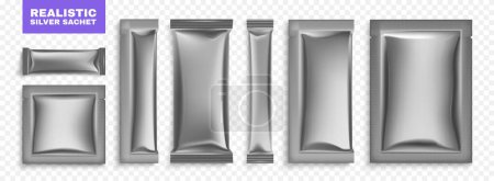 Ilustración de Paquete de sobre realista conjunto de plata con texto editable y vista superior de la ilustración vectorial de paquetes de envoltura de plata vacíos - Imagen libre de derechos