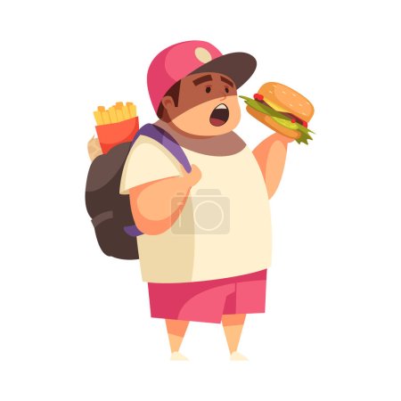 Flat gluttony concept with obese boy eating junk food vector illustration