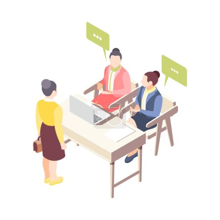 Isometric job interview with characters of recruiters and female applicant 3d vector illustration