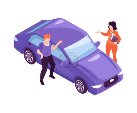 Isometric car showroom composition with automobile icon and human characters on blank background vector illustration