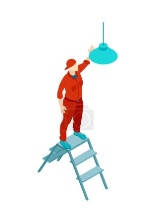 Illustration for Isometric electric composition with isolated view of electrical brigade member working isolated on blank background vector illustration - Royalty Free Image