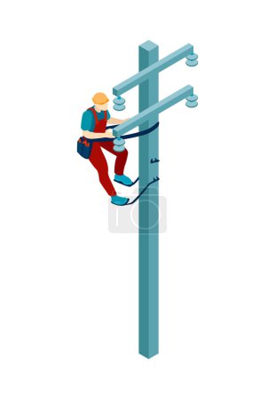 Isometric electric composition with isolated view of electrical brigade member working isolated on blank background vector illustration