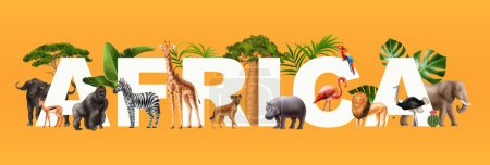 Illustrazione per Africa realistica poster orizzontale con composizione di lettere di testo immagini di alberi esotici e animali selvatici vettoriale illustrazione - Immagini Royalty Free