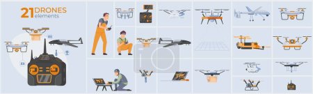 Illustration for Drones composition set with unmanned aerial vehicles and monitoring symbols flat isolated vector illustration - Royalty Free Image