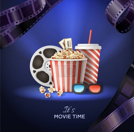 Cinema realistic poster with illuminated bucket of popcorn drink 3d glasses reel tickets on blue background with tapes vector illustration