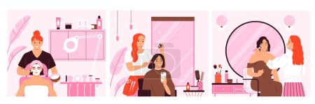Conjunto de composiciones de servicio de belleza con peinado y maquillaje plano aislado vector ilustración