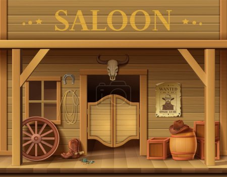 Composición de dibujos animados del salvaje oeste con vista al aire libre de escaparate vintage con puertas clásicas rueda y cráneo vector ilustración
