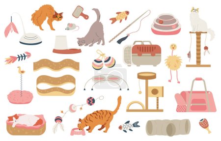 Téléchargez les illustrations : Accessoires chat ensemble plat d'icônes isolées avec des jouets de souris pelucheux condos paniers et porte-animaux illustration vectorielle - en licence libre de droit