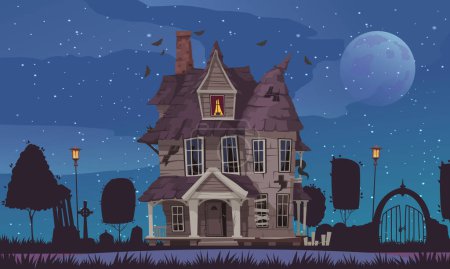 Illustration for Horror house poster with neglected building with night cemetery on background cartoon vector illustration - Royalty Free Image