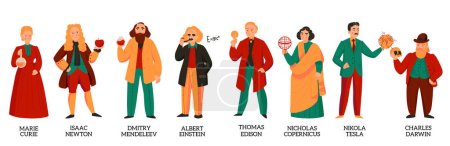 Illustration for Great scientists color set with flat characters of marie curie albert einstein nikola tesla nicholas copernicus and others isolated vector illustration - Royalty Free Image