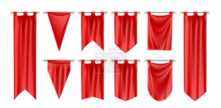 Illustration for Realistic flag pennant mockup set with isolated images of hanging red pennons of different border shape vector illustration - Royalty Free Image