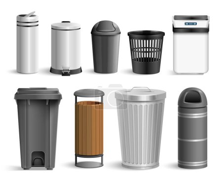 Illustration for Realistic bin trash bucket set with isolated images of various waste containers for different use situations vector illustration - Royalty Free Image