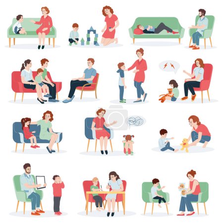 Iconos planos de psicólogo infantil con escenas de asesoramiento psicológico infantil ilustración vectorial aislada