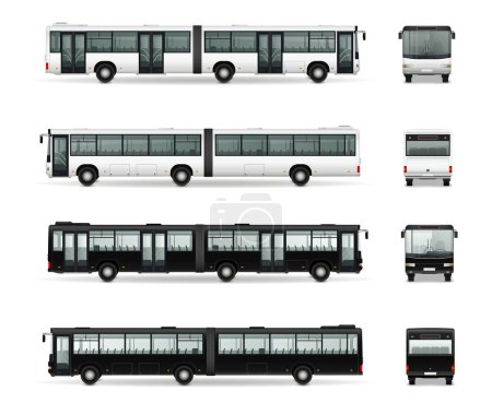 Illustration for Bus mockup set with isolated realistic images of black and white colored buses with twin coach vector illustration - Royalty Free Image