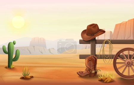 Wild west cartoon composition with outdoor landscape of desert with cowboy boots and hat on fence vector illustration