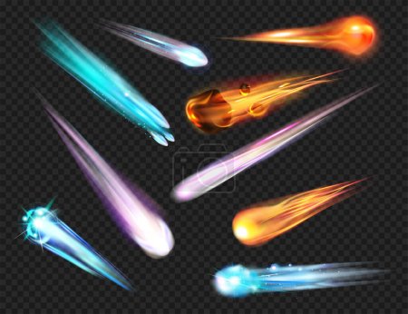Ilustración de Cometa realista de meteoritos espaciales sobre fondo transparente con imágenes aisladas de meteoritos con ilustración vectorial de colas de colores - Imagen libre de derechos
