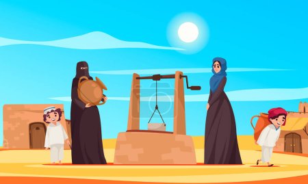 Téléchargez les illustrations : Desert scène affiche de dessin animé avec des femmes en vêtements traditionnels près de l'illustration vectorielle bien - en licence libre de droit