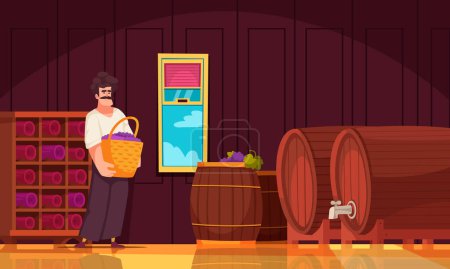 Illustration for Wine cellar cartoon poster with male worker holding grape harvest vector illustration - Royalty Free Image