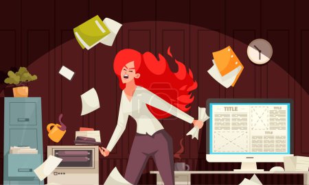 Oficina estrés concepto de dibujos animados con mujer joven gritando ilustración vectorial