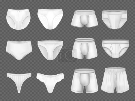 Illustration for Realistic set of various white underwear types for women and men isolated on transparent background vector illustration - Royalty Free Image