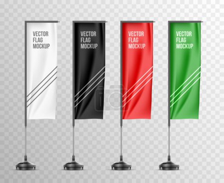 Illustration for Realistic set with isolated mockups of white black red and green colored flags on metal poles vector illustration - Royalty Free Image