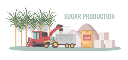 Ilustración de Concepto de producción de azúcar con proceso de cosecha de caña y empaquetado de productos ilustración vectorial de dibujos animados - Imagen libre de derechos