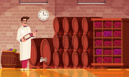 Illustration for Wine cartoon poster with sommelier holding bottle in cellar vector illustration - Royalty Free Image
