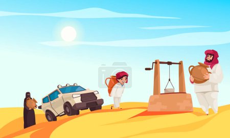 Téléchargez les illustrations : Concept de dessin animé désert avec des gens en vêtements traditionnels et véhicule moderne en sable illustration vectorielle - en licence libre de droit