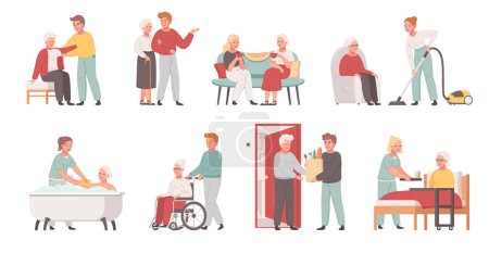 Cartoon-Symbole für die Altenpflege mit Pflegern, die alten Menschen helfen, isolierte Vektorillustration