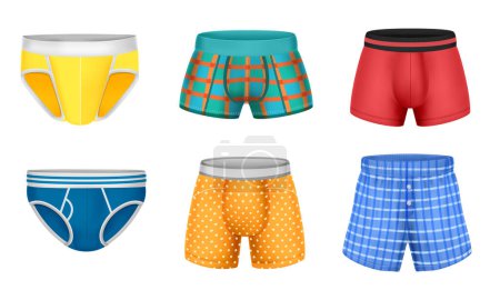 Illustration for Realistic mens underpants set with boxers briefs trunks of different colors isolated vector illustration - Royalty Free Image