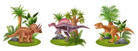 Illustration for Realistic dinosaur compositions set with triceratops tyrannosaurus and spinosaurus and tropical plants isolated vector illustration - Royalty Free Image