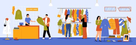 Illustration for Sunday market interior horizontal background with visitors choosing second hand clothes flat vector illustration - Royalty Free Image