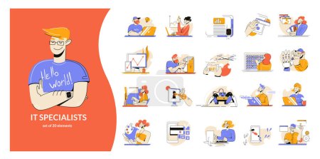 It specialist set with flat isolated doodle style compositions with programming code icons and young programmers vector illustration