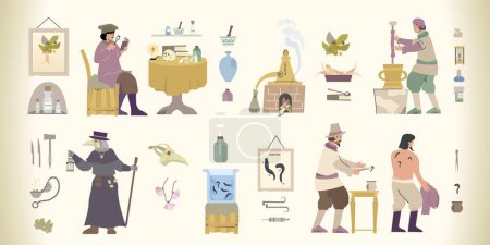 Ancient medicine flat set with isolated icons of vintage medical supplies alchemic flasks prehistoric aid methods vector illustration