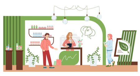Illustration for Exhibition with visitors flat composition with front view of eco cosmetic products booth with human characters vector illustration - Royalty Free Image