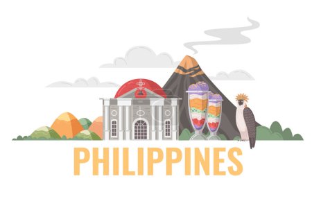 Illustration for Philippines travel cartoon concept with local nature attractions and cuisine vector illustration - Royalty Free Image