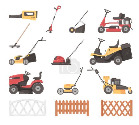 Illustration for Lawn mower and grass cutters cartoon icons set isolated vector illustration - Royalty Free Image
