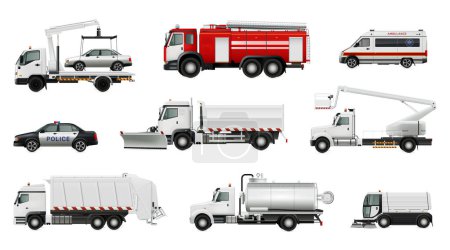Illustration for Municipal vehicles realistic set with isolated side view images of fire dump and tow trucks wipers vector illustration - Royalty Free Image
