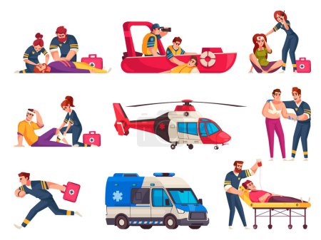 Illustration for Emergency cartoon icons set with safety and first aid professionals isolated vector illustration - Royalty Free Image