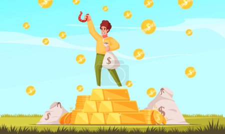 Lotería ganadora póster de dibujos animados con hombre feliz de pie en la ilustración de vectores de oro montón