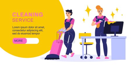 Cleaning service horizontal flat web banner with two smiling female workers in uniform wiping computer monitor and vacuuming vector illustration