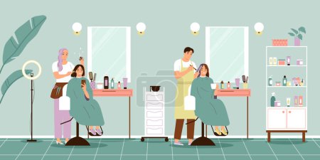 Téléchargez les illustrations : Salon de beauté fond de service avec symboles de coiffeur illustration vectorielle plate - en licence libre de droit