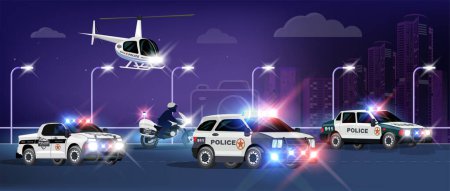 Illustration for Police transport flat composition with night city scenery and flying helicopter with multiple cars and motorcycle vector illustration - Royalty Free Image