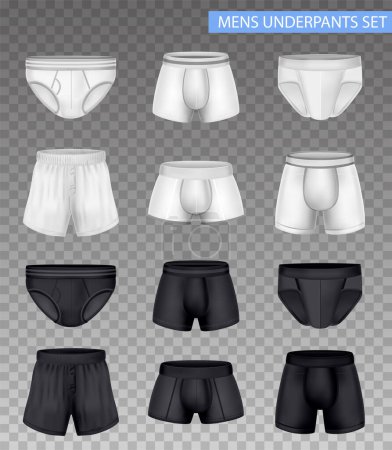 Illustration for Mens underpants realistic set with various models of black and white colors isolated on transparent background vector illustration - Royalty Free Image
